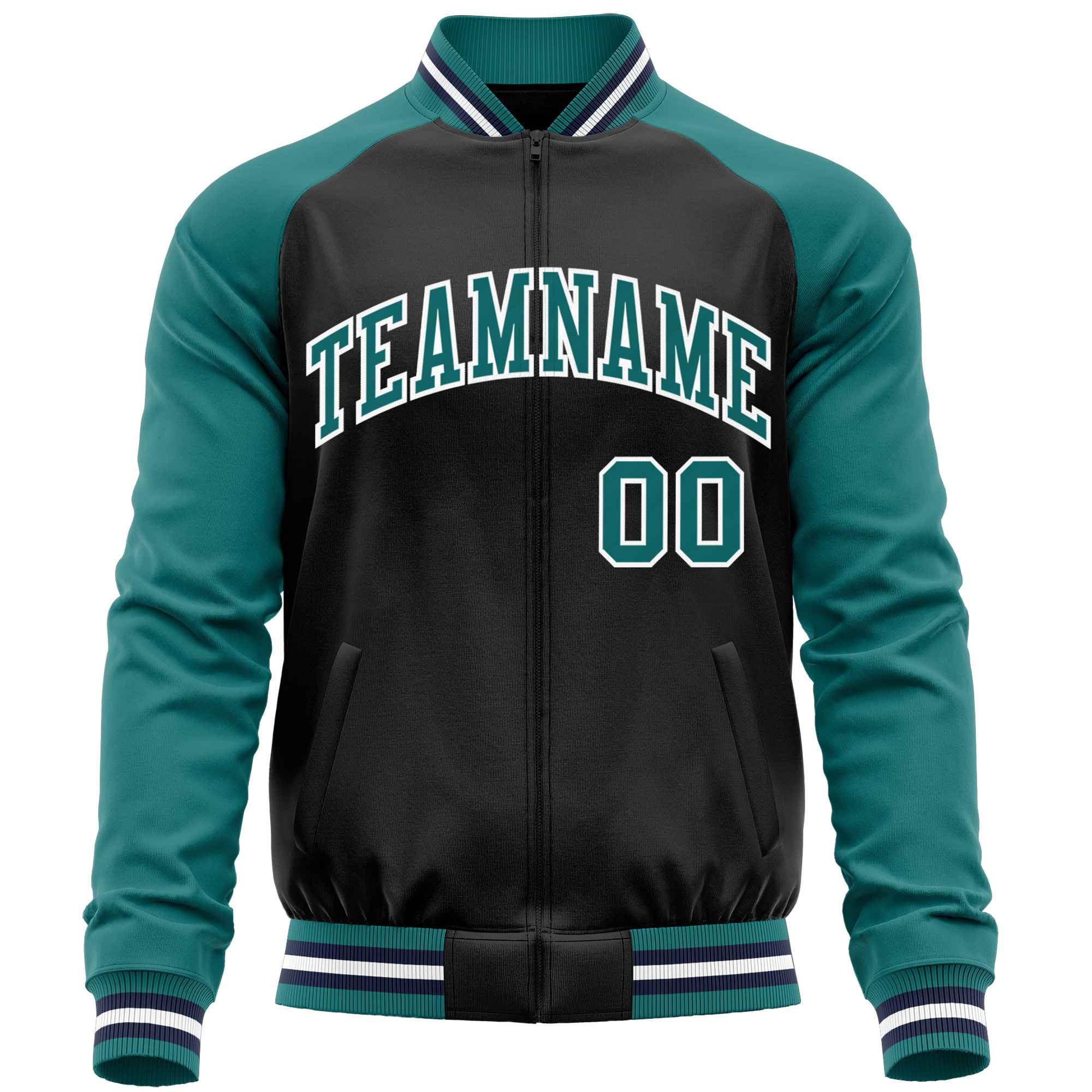 Custom Black Aqua Varsity Full-Zip Raglan Sleeves Letterman Baseball Jacket