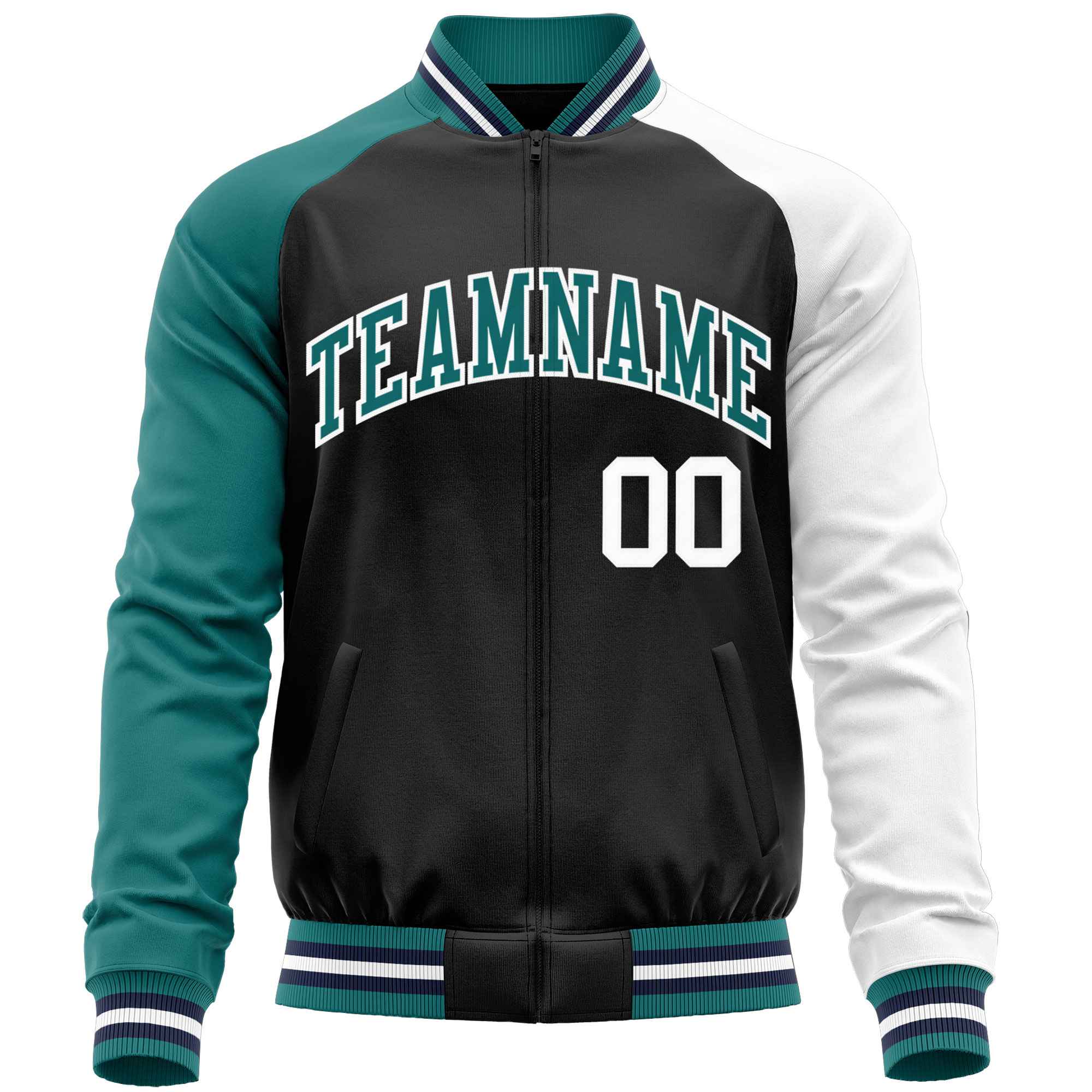 Custom Black White-Aqua Varsity Full-Zip Raglan Sleeves Letterman Baseball Jacket