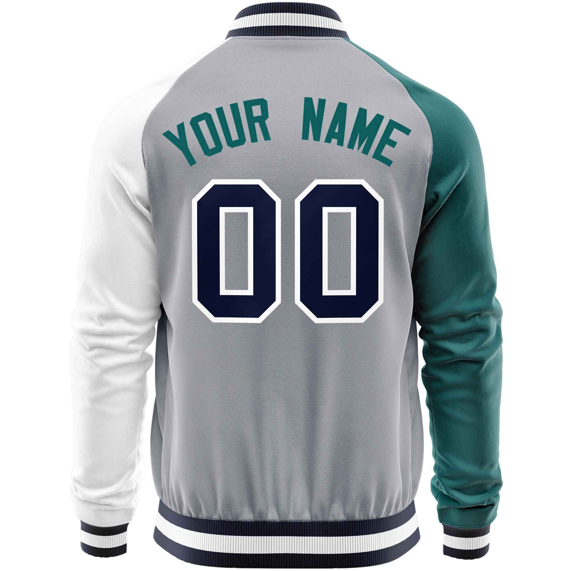 Custom Gray White-Aqua Varsity Full-Zip Raglan Sleeves Letterman Baseball Jacket