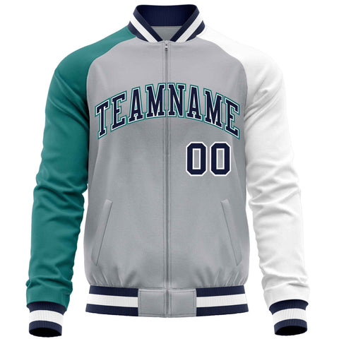 Custom Gray White-Aqua Varsity Full-Zip Raglan Sleeves Letterman Baseball Jacket