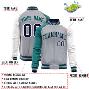 Custom Gray White-Aqua Varsity Full-Zip Raglan Sleeves Letterman Baseball Jacket