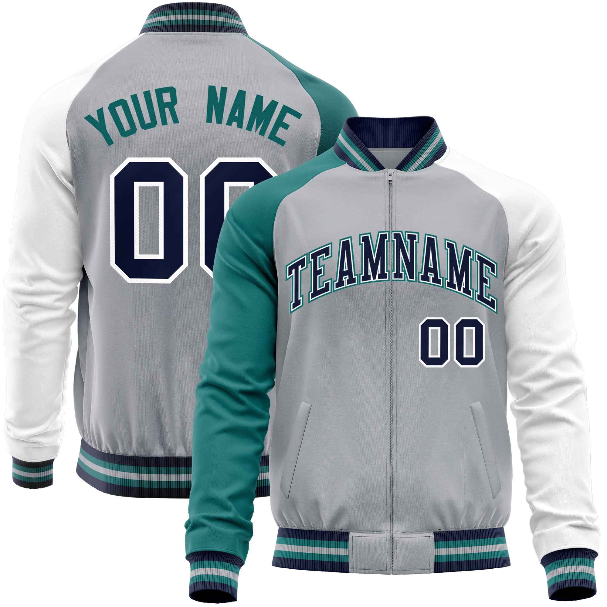 Custom Gray White-Aqua Varsity Full-Zip Raglan Sleeves Letterman Baseball Jacket