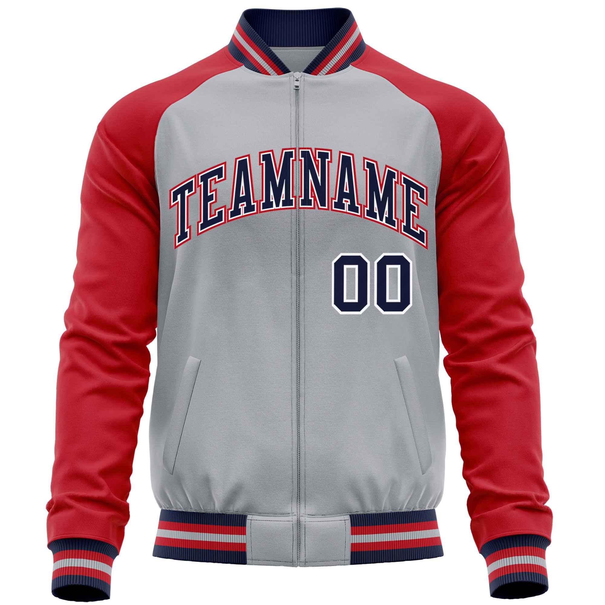 Custom Gray Red Varsity Full-Zip Raglan Sleeves Letterman Baseball Jacket