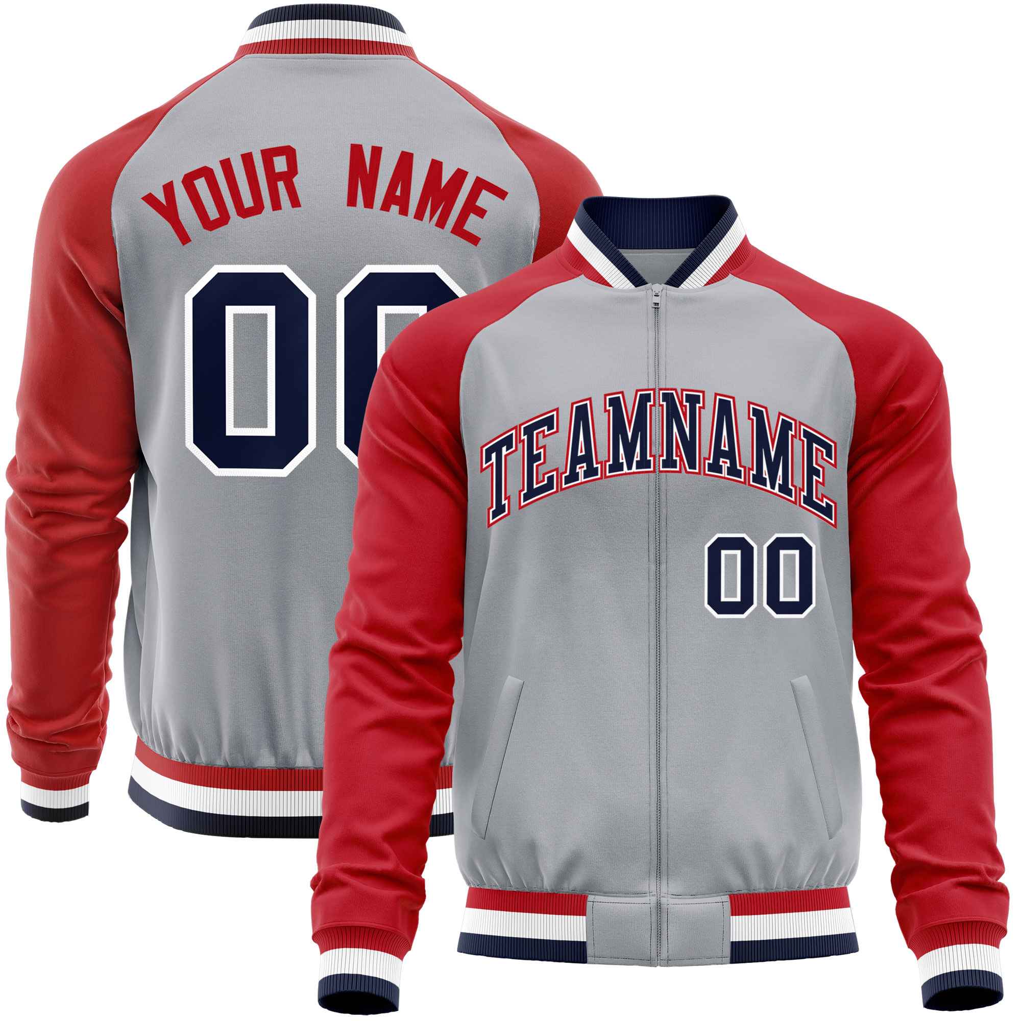 Custom Gray Red Varsity Full-Zip Raglan Sleeves Letterman Baseball Jacket