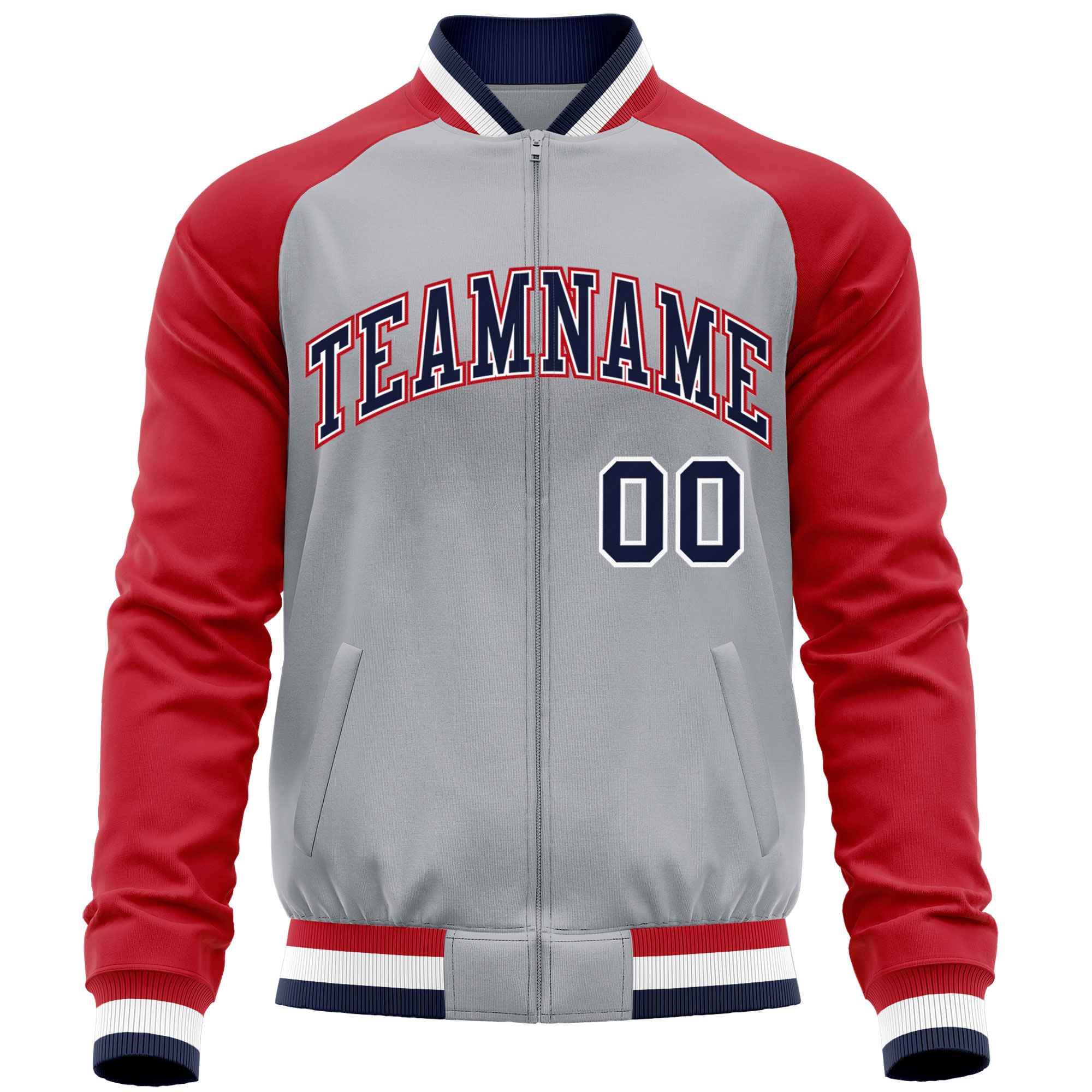 Custom Gray Red Varsity Full-Zip Raglan Sleeves Letterman Baseball Jacket