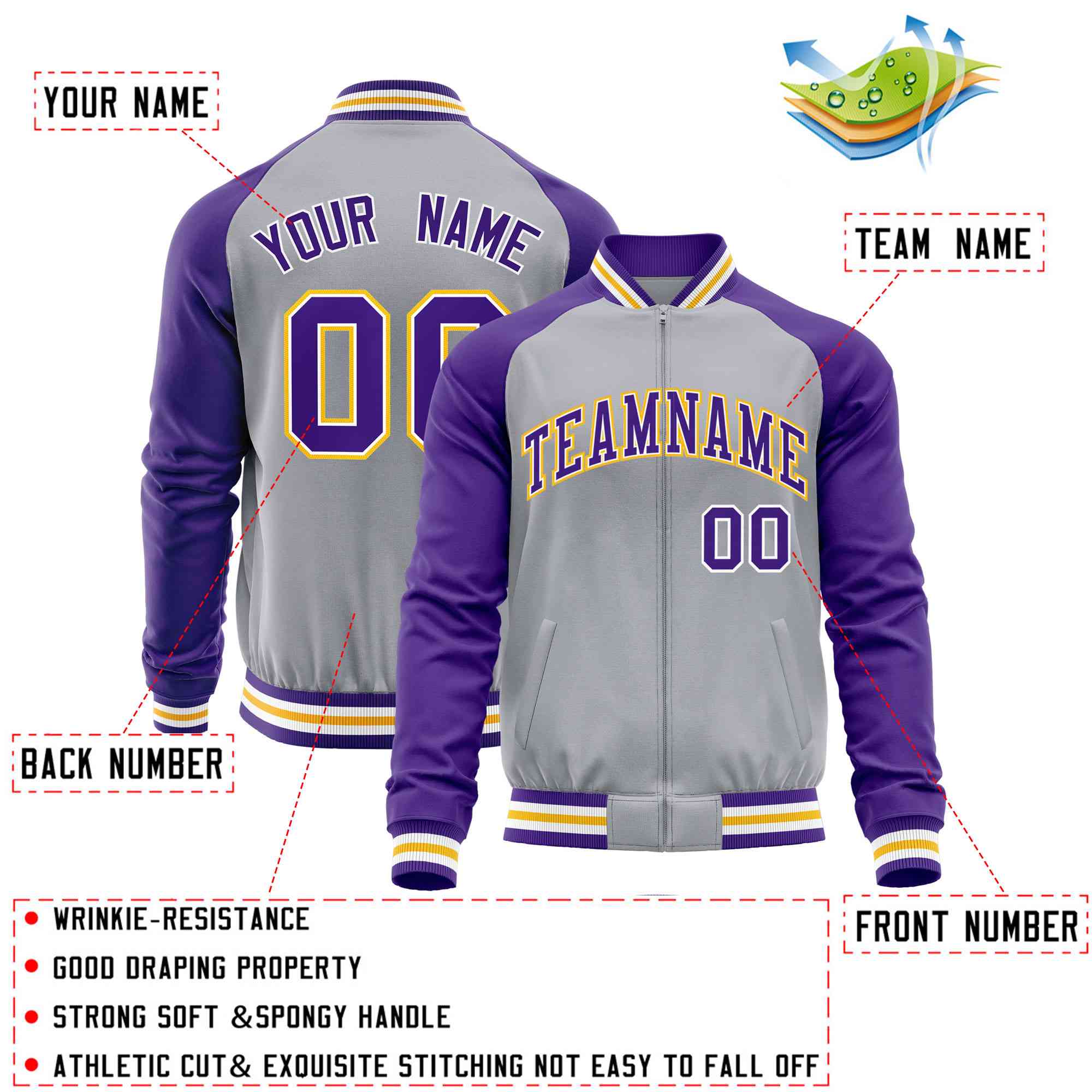 Custom Gray Purple Varsity Full-Zip Raglan Sleeves Letterman Baseball Jacket