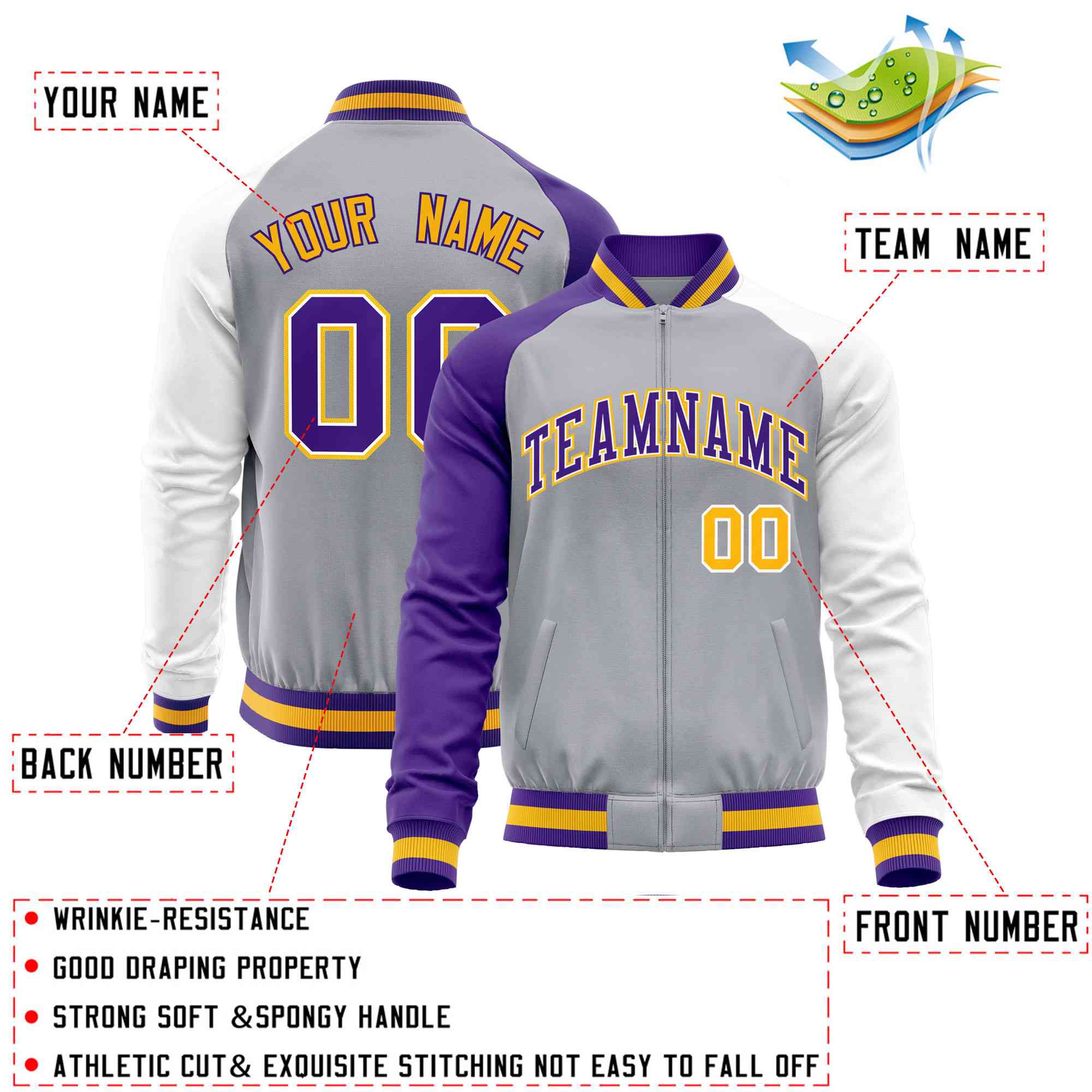 Custom Gray White-Purple Varsity Full-Zip Raglan Sleeves Letterman Baseball Jacket