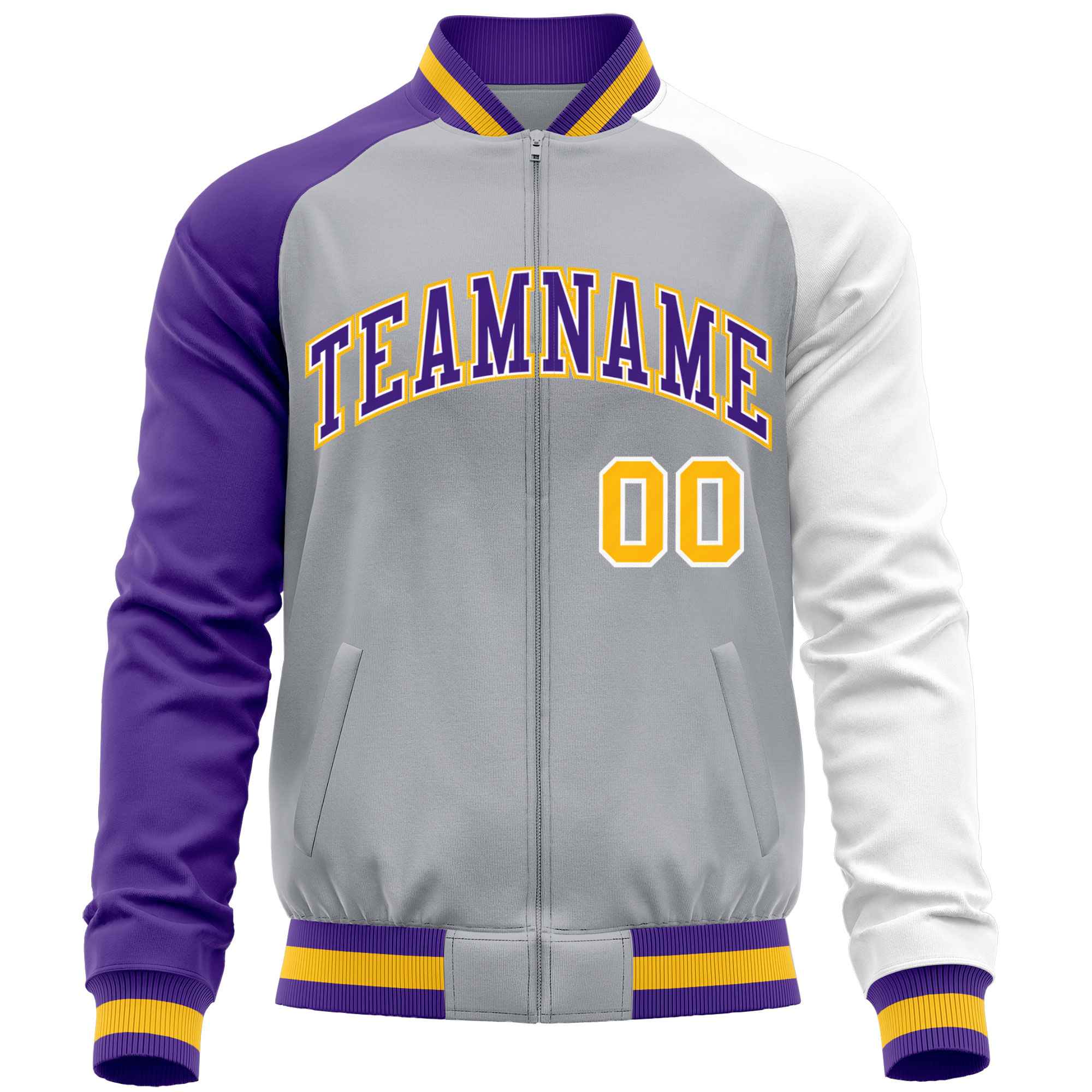 Custom Gray White-Purple Varsity Full-Zip Raglan Sleeves Letterman Baseball Jacket