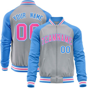 Custom Gray Powder Blue Varsity Full-Zip Raglan Sleeves Letterman Baseball Jacket