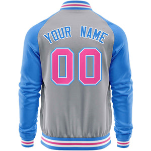 Custom Gray Powder Blue Varsity Full-Zip Raglan Sleeves Letterman Baseball Jacket