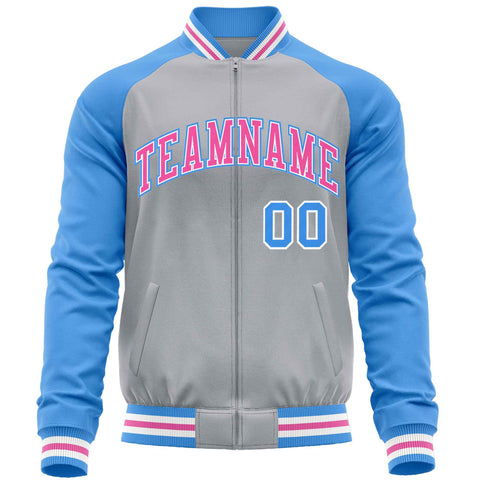 Custom Gray Powder Blue Varsity Full-Zip Raglan Sleeves Letterman Baseball Jacket