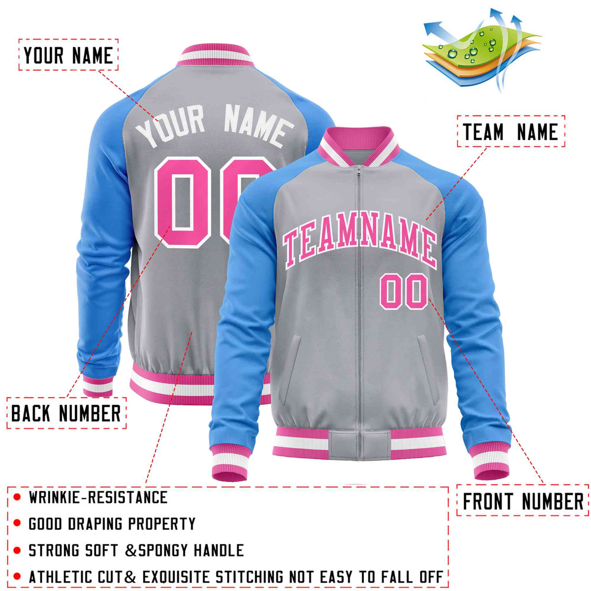 Custom Gray Powder Blue Varsity Full-Zip Raglan Sleeves Letterman Baseball Jacket