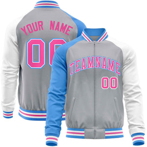 Custom Gray White-Powder Blue Varsity Full-Zip Raglan Sleeves Letterman Baseball Jacket