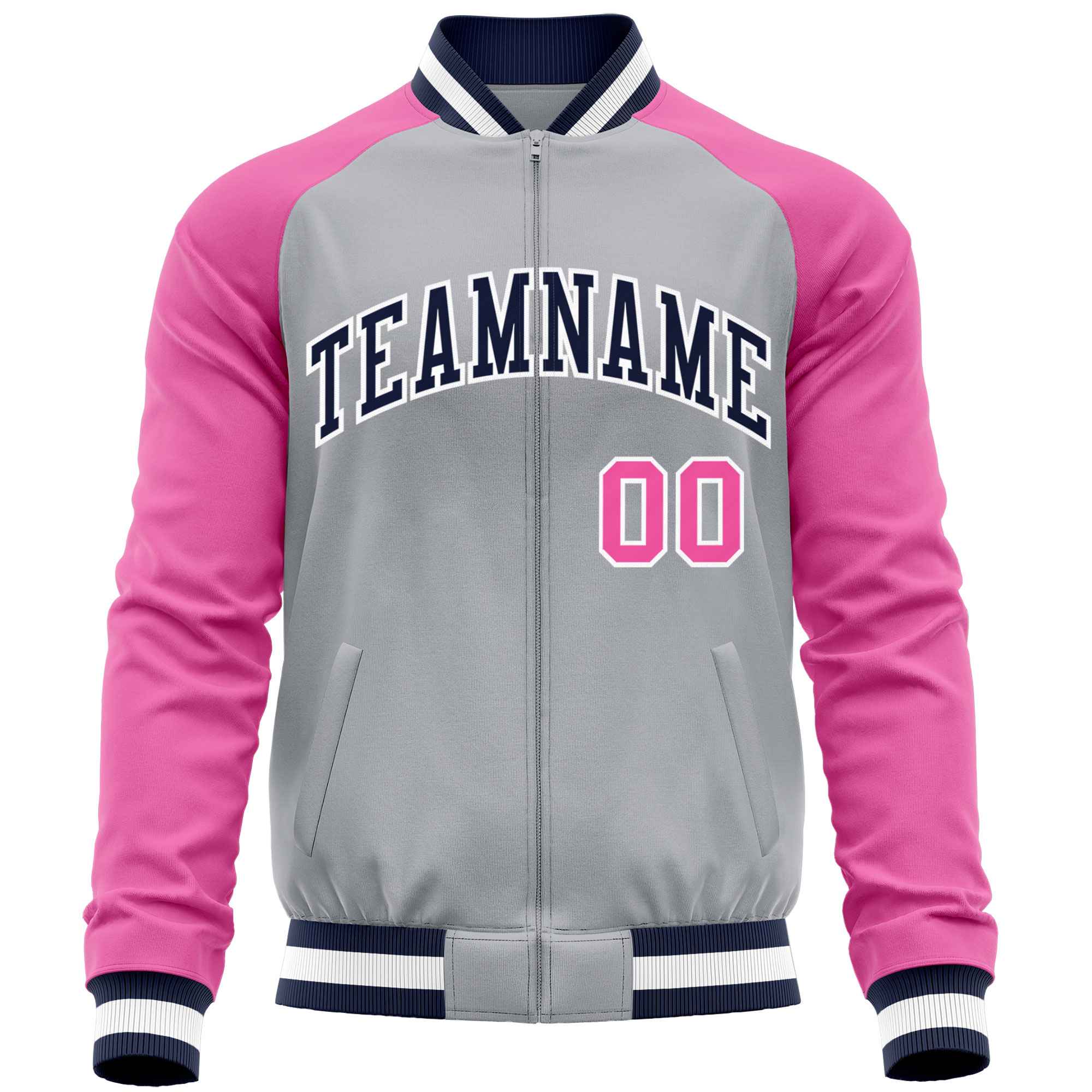 Custom Gray Pink Varsity Full-Zip Raglan Sleeves Letterman Baseball Jacket