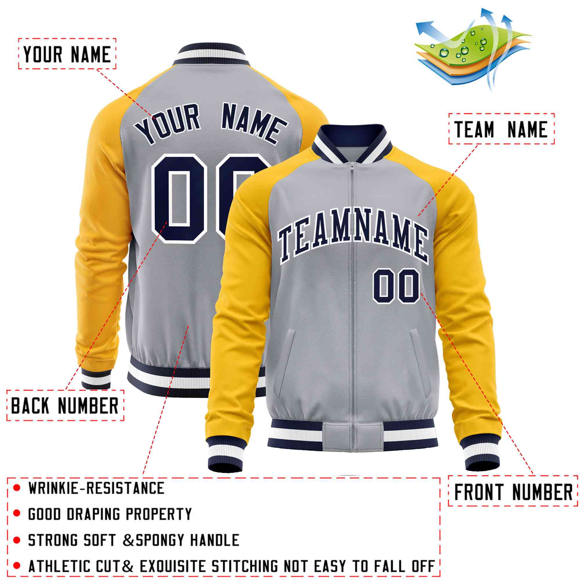 Custom Gray Yellow Varsity Full-Zip Raglan Sleeves Letterman Baseball Jacket