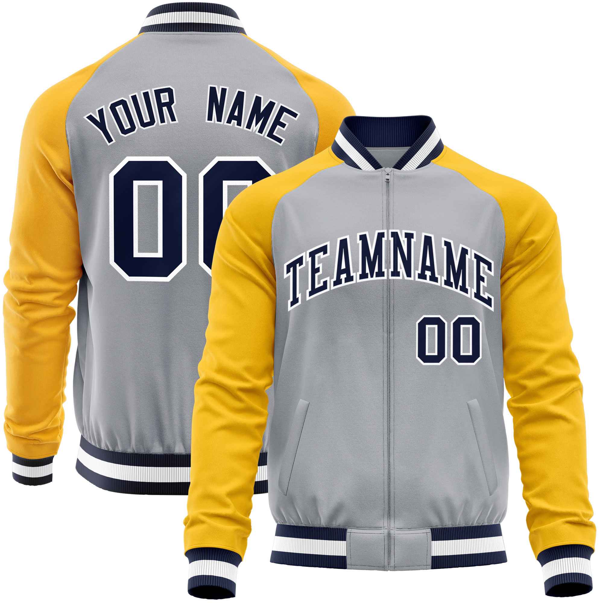 Custom Gray Yellow Varsity Full-Zip Raglan Sleeves Letterman Baseball Jacket