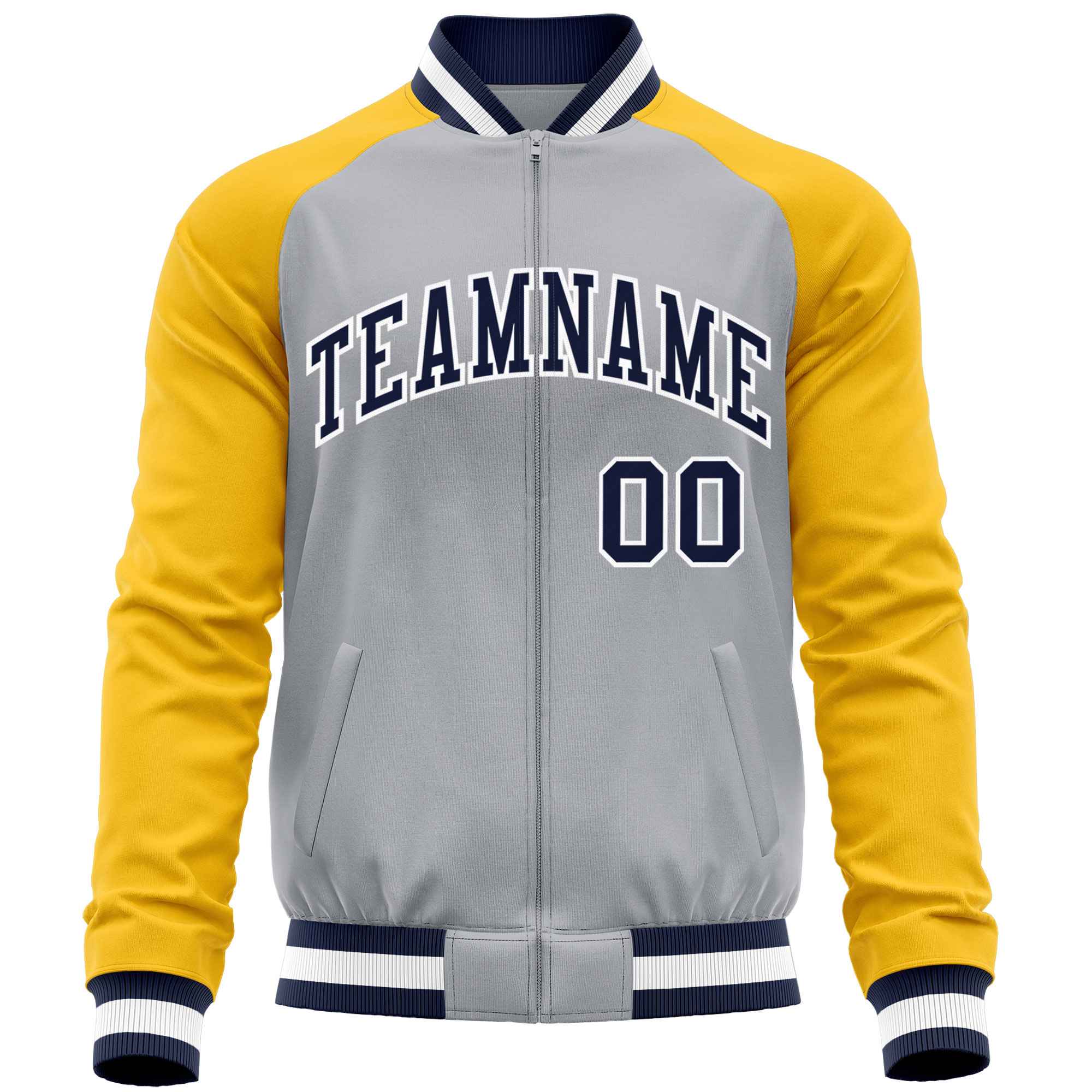 Custom Gray Yellow Varsity Full-Zip Raglan Sleeves Letterman Baseball Jacket