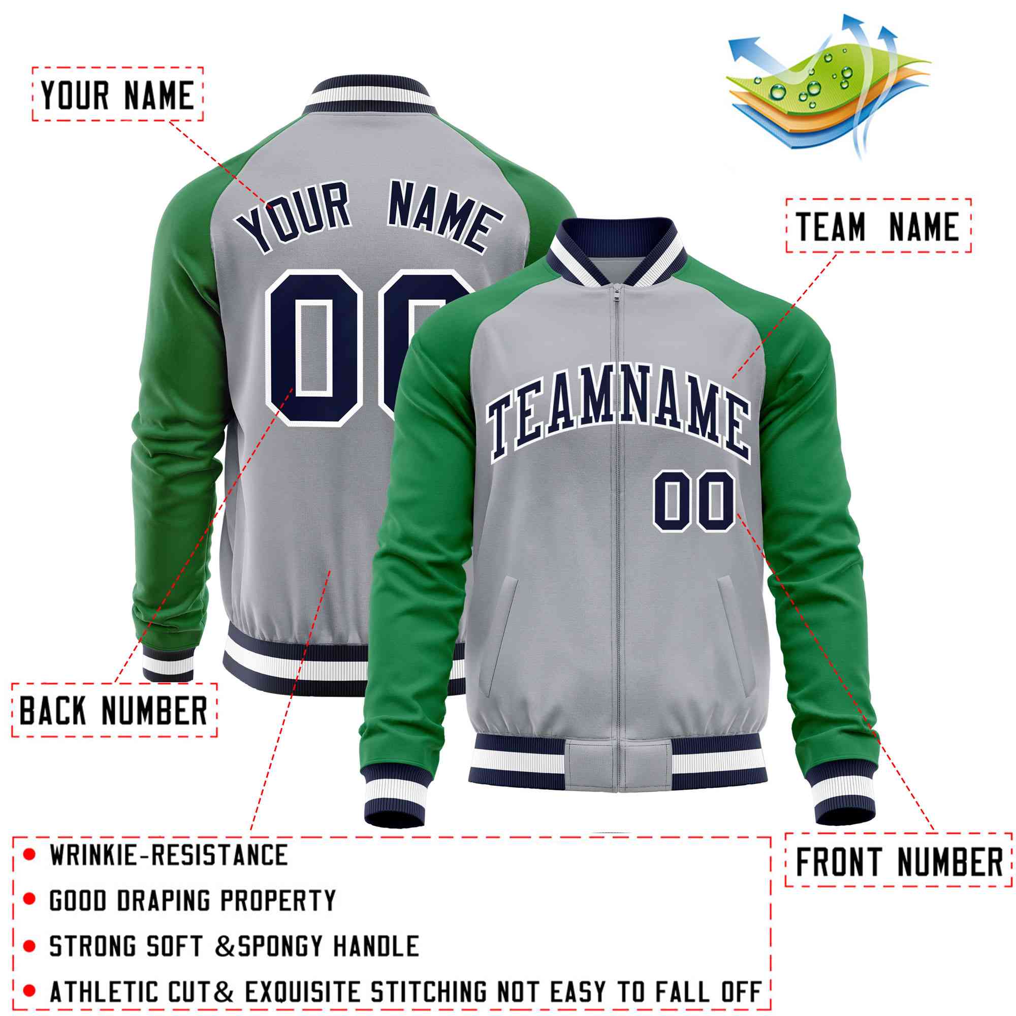 Custom Gray Kelly Green Varsity Full-Zip Raglan Sleeves Letterman Baseball Jacket