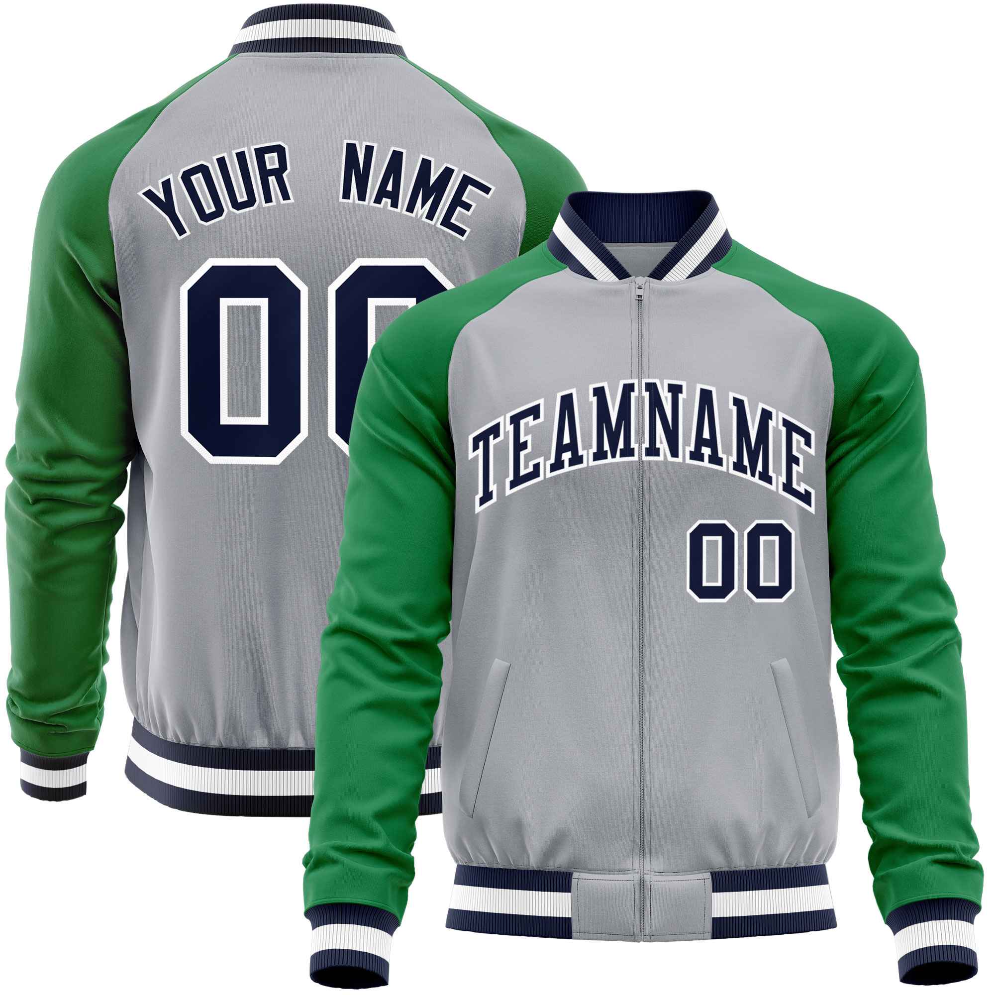 Custom Gray Kelly Green Varsity Full-Zip Raglan Sleeves Letterman Baseball Jacket