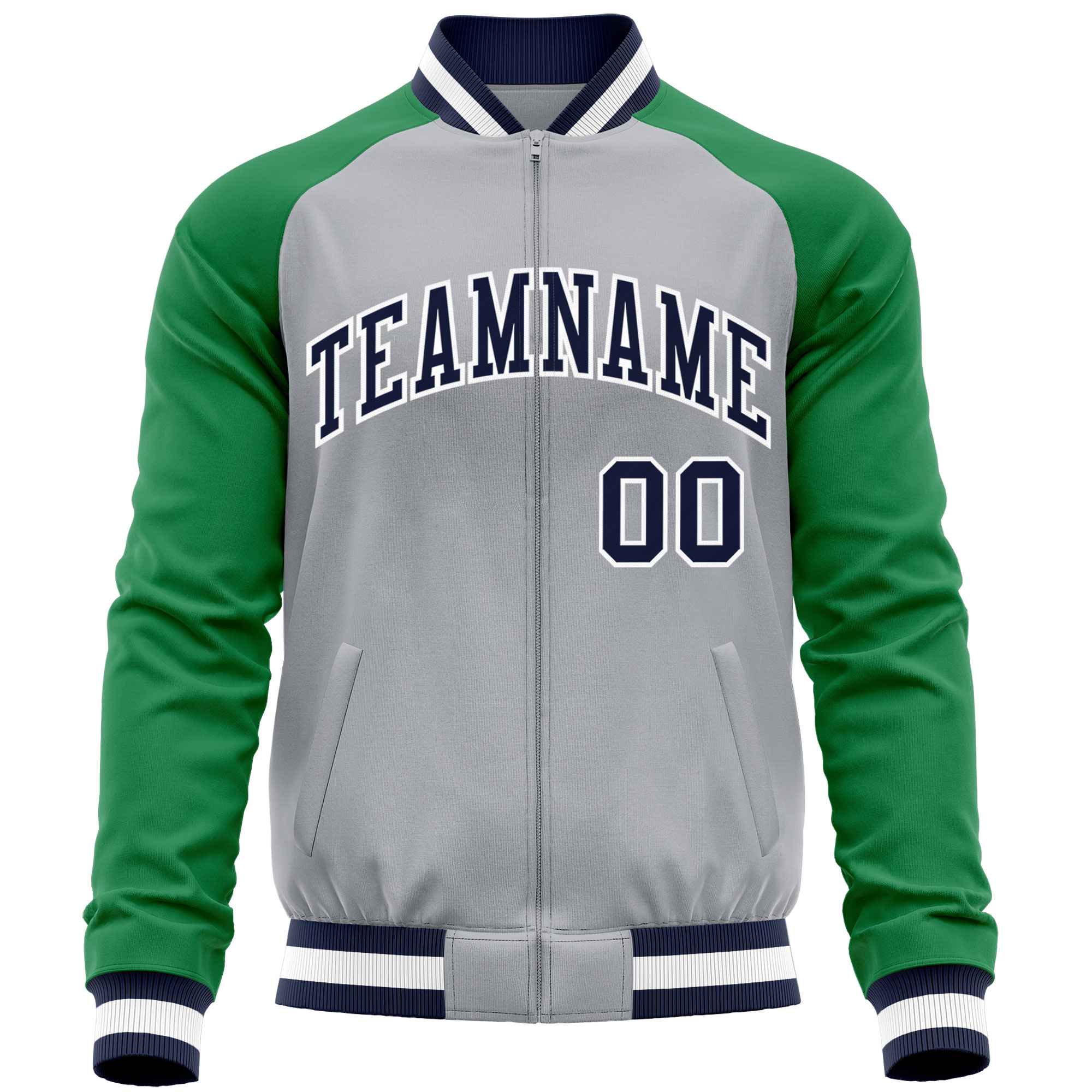 Custom Gray Kelly Green Varsity Full-Zip Raglan Sleeves Letterman Baseball Jacket