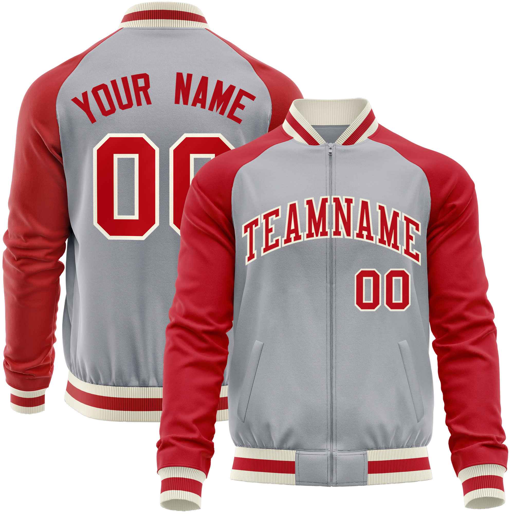 Custom Gray Red Varsity Full-Zip Raglan Sleeves Letterman Baseball Jacket