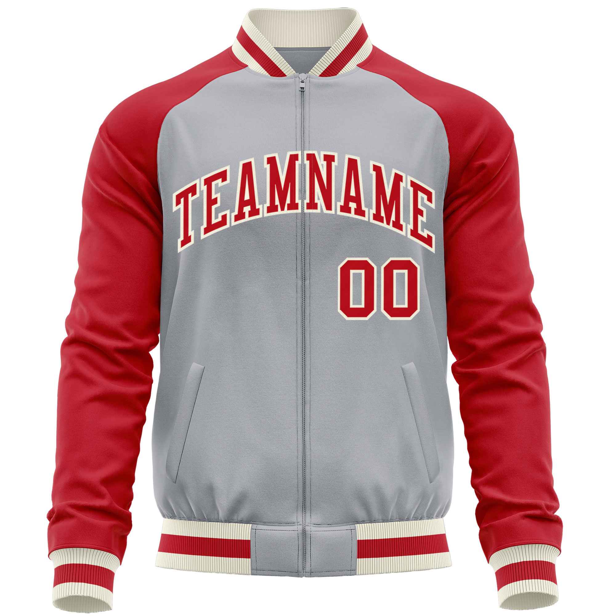 Custom Gray Red Varsity Full-Zip Raglan Sleeves Letterman Baseball Jacket