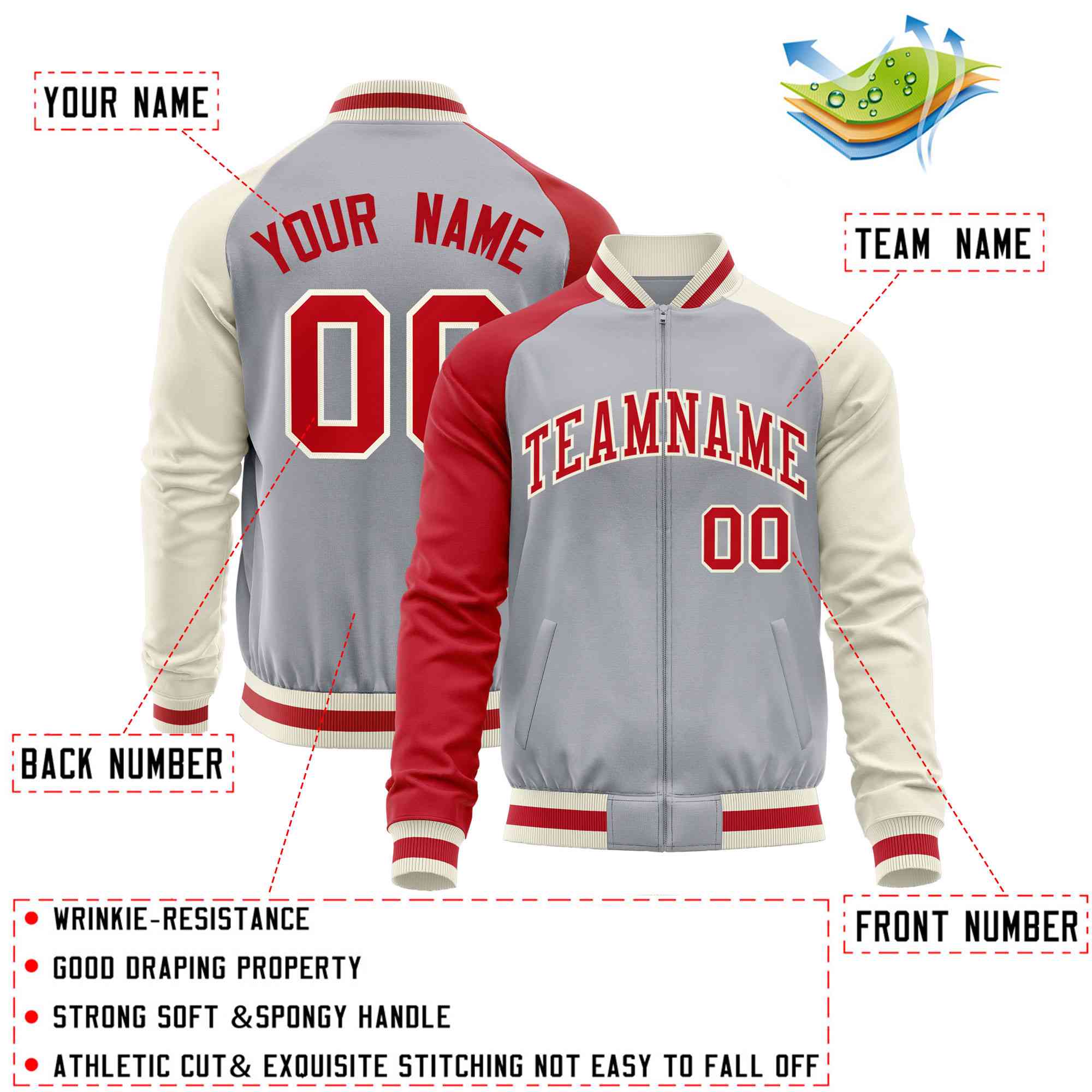 Custom Gray Cream-Red Varsity Full-Zip Raglan Sleeves Letterman Baseball Jacket