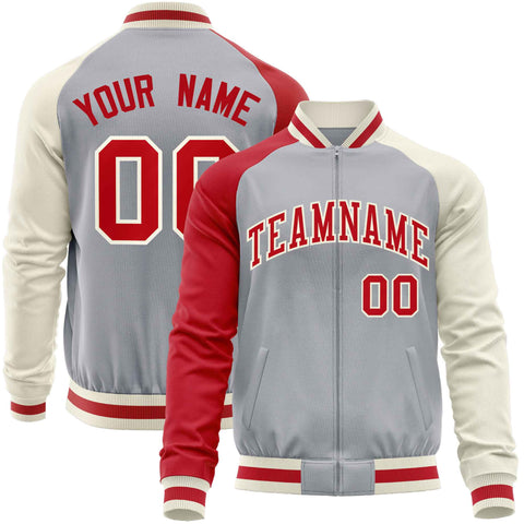 Custom Gray Cream-Red Varsity Full-Zip Raglan Sleeves Letterman Baseball Jacket
