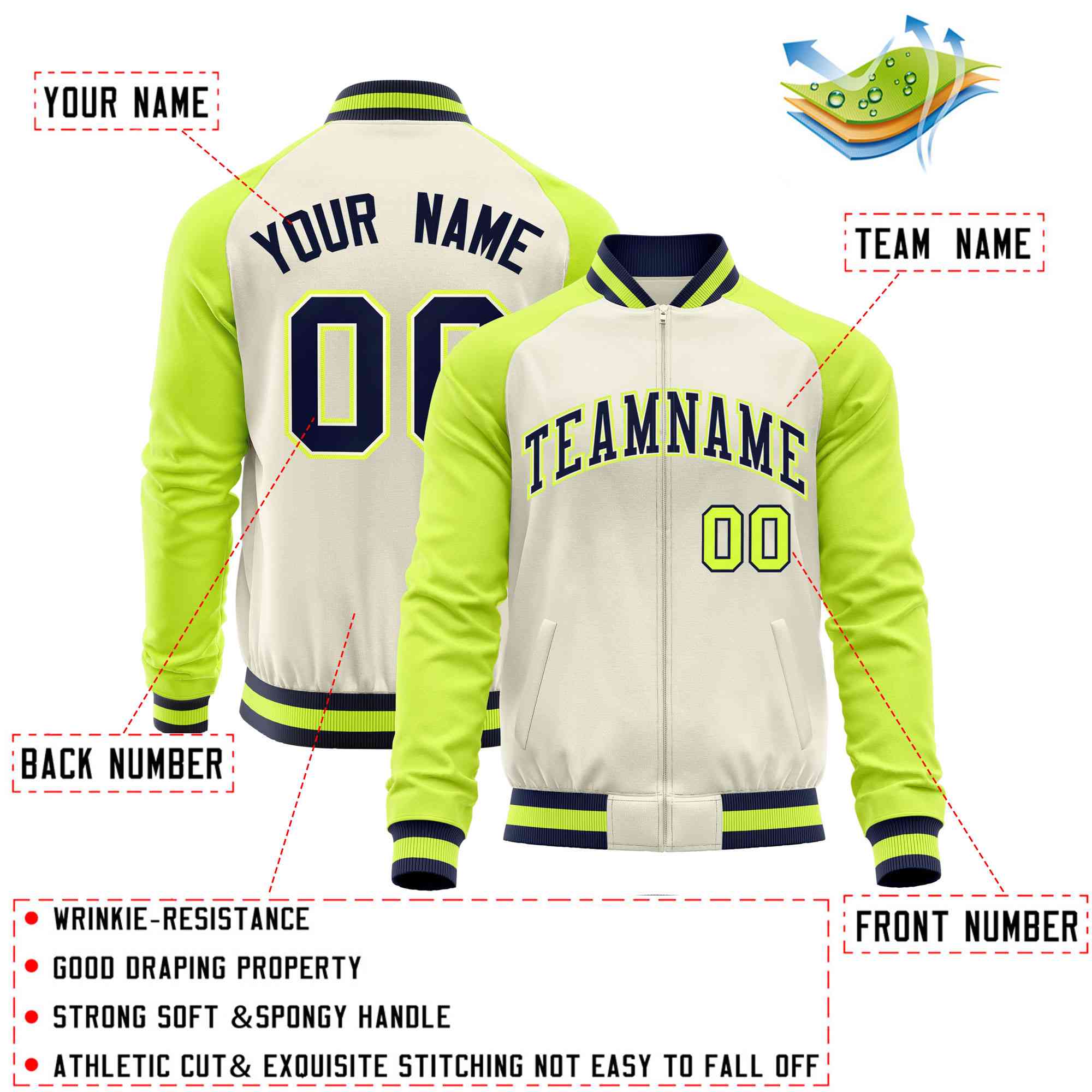 Custom Cream Neon Green Varsity Full-Zip Raglan Sleeves Letterman Baseball Jacket