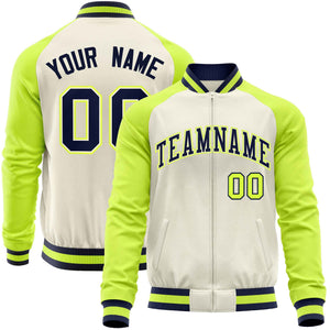 Custom Cream Neon Green Varsity Full-Zip Raglan Sleeves Letterman Baseball Jacket