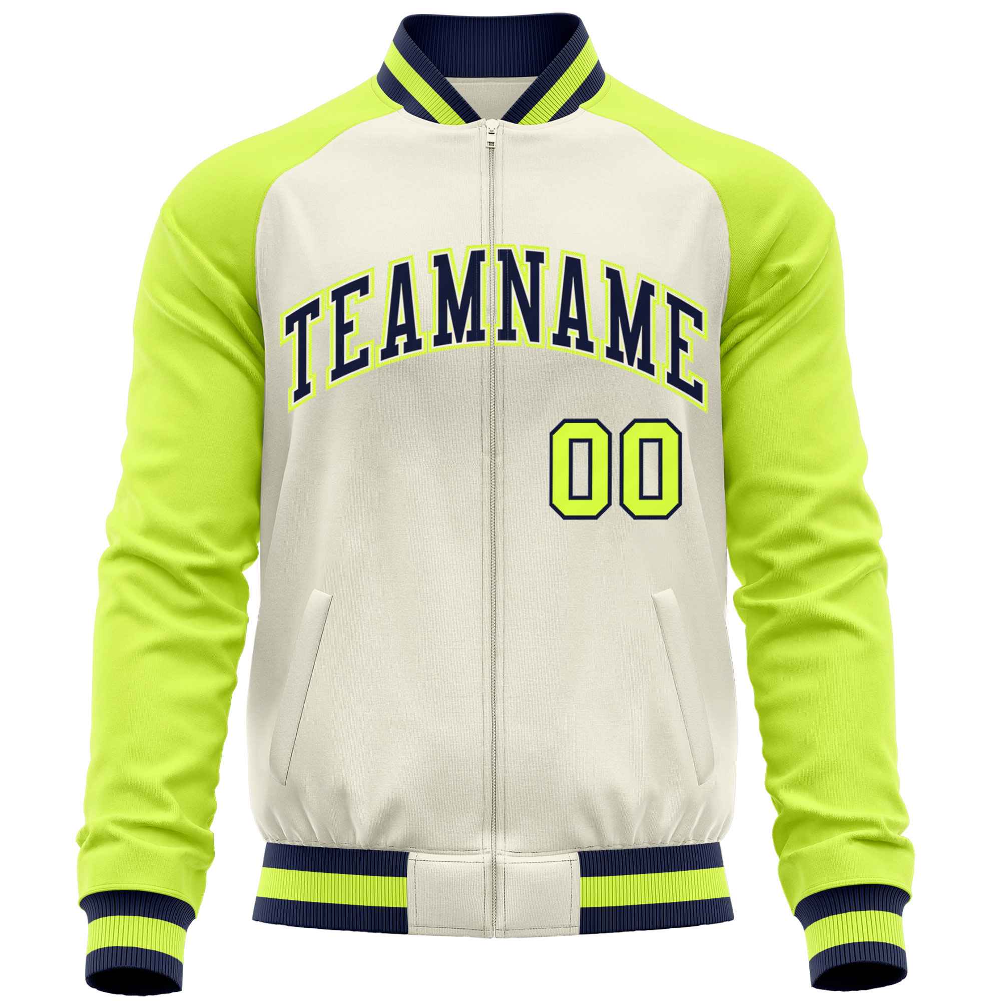 Custom Cream Neon Green Varsity Full-Zip Raglan Sleeves Letterman Baseball Jacket