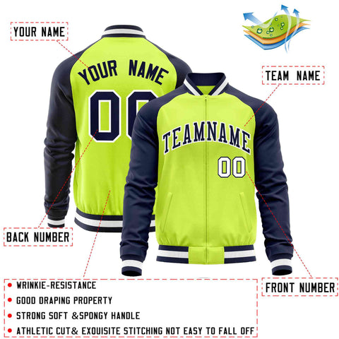 Custom Neon Green Navy Varsity Full-Zip Raglan Sleeves Letterman Baseball Jacket