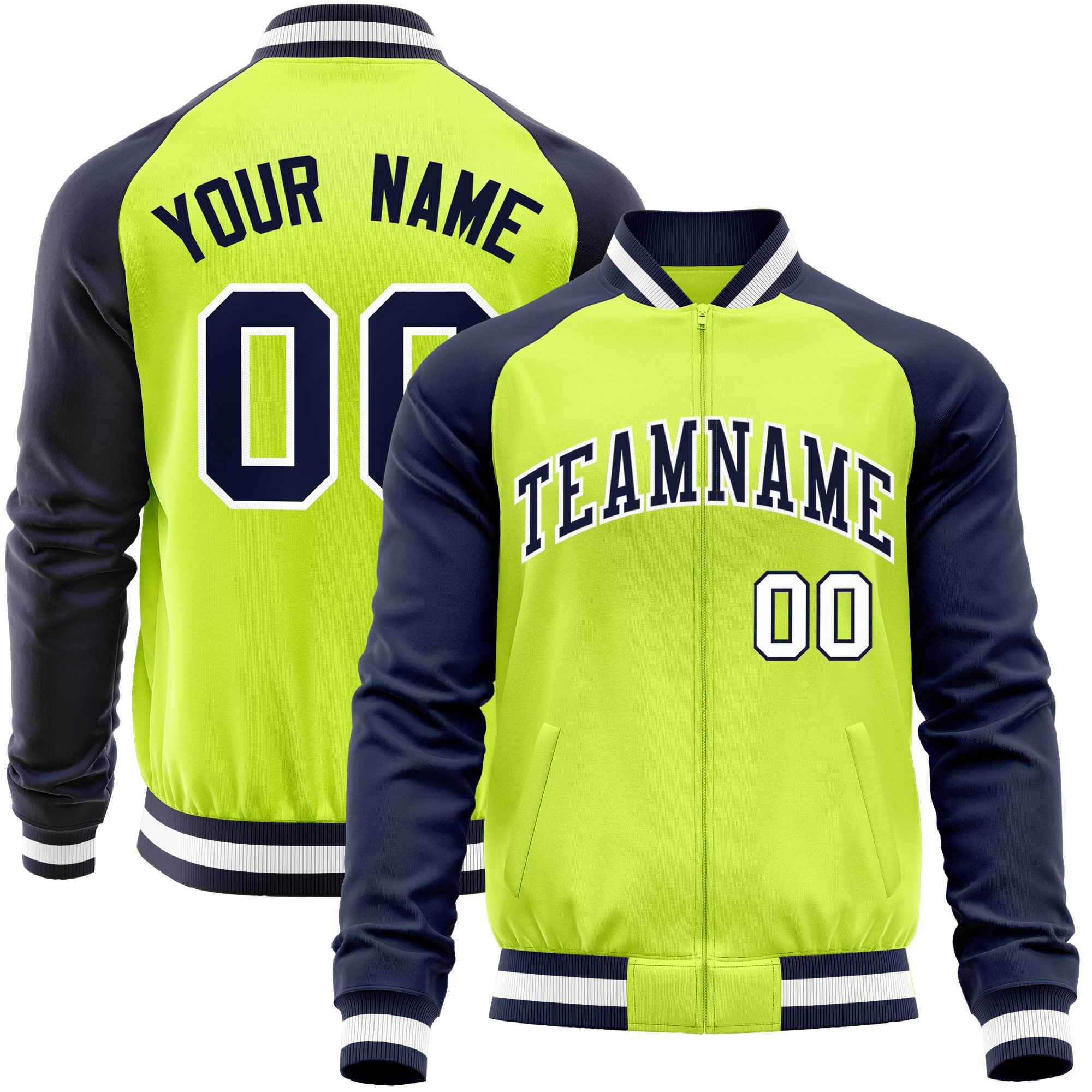 Custom Neon Green Navy Varsity Full-Zip Raglan Sleeves Letterman Baseball Jacket