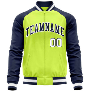 Custom Neon Green Navy Varsity Full-Zip Raglan Sleeves Letterman Baseball Jacket