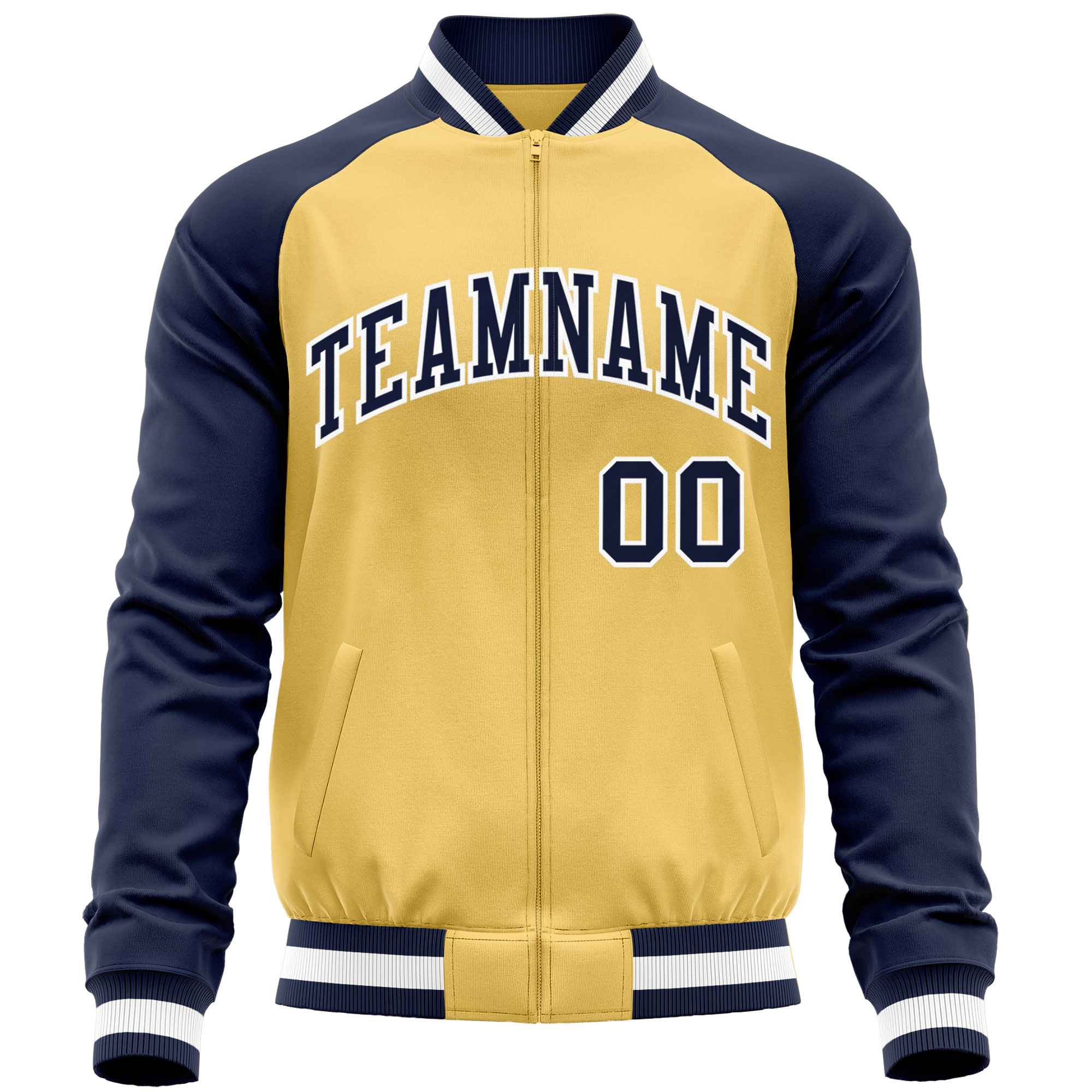 Custom Yellow Navy Varsity Full-Zip Raglan Sleeves Letterman Baseball Jacket