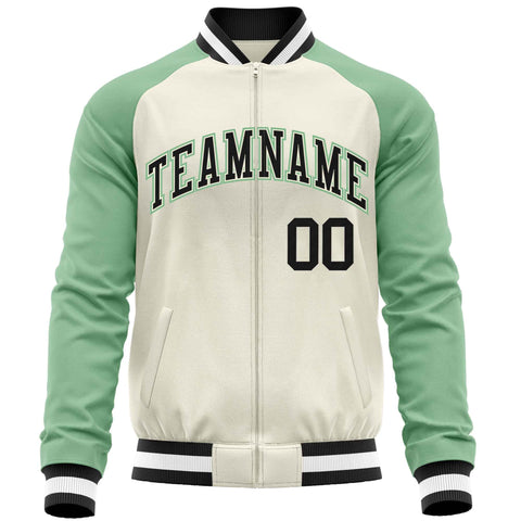Custom Cream Light Green Varsity Full-Zip Raglan Sleeves Letterman Baseball Jacket