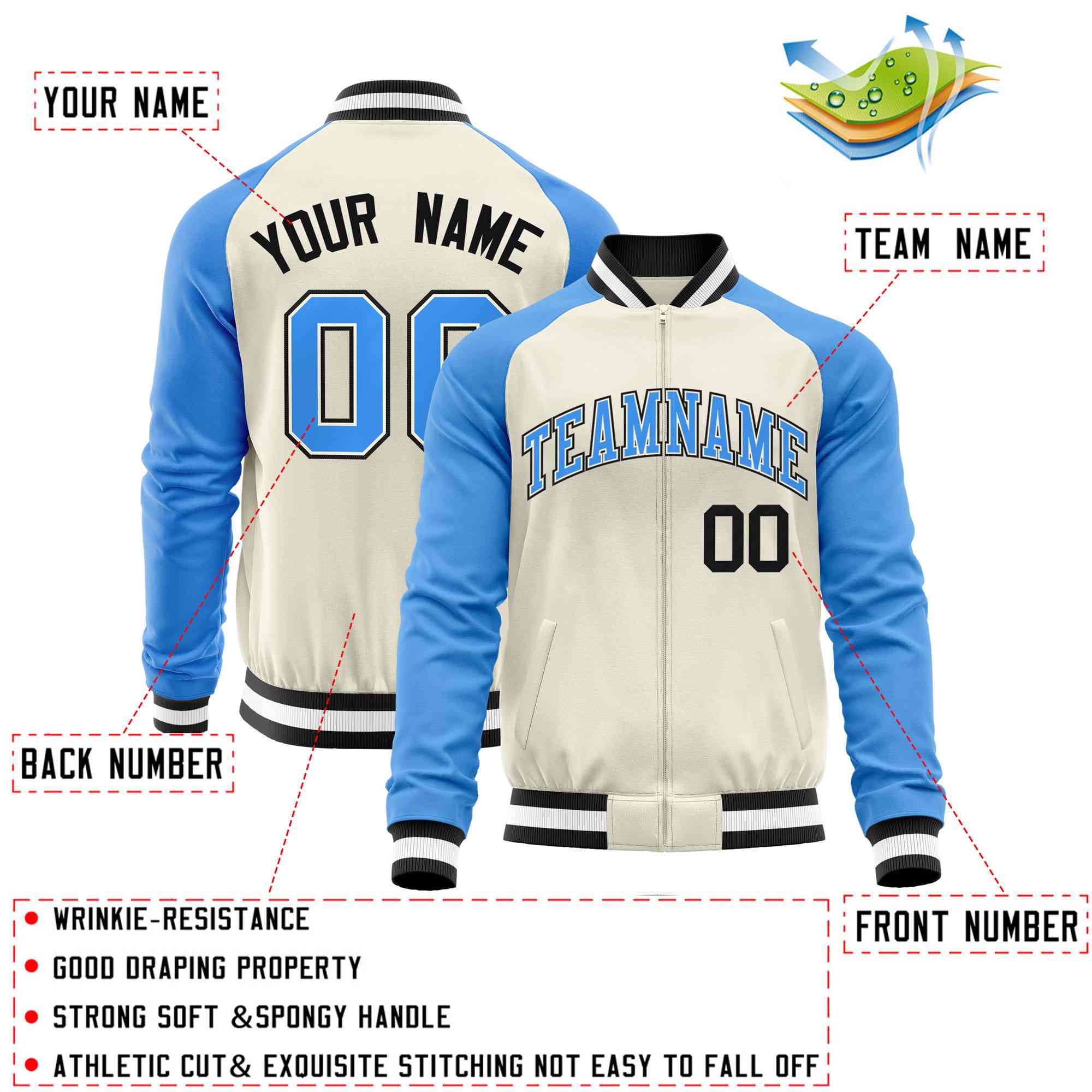 Custom Cream Powder Blue Varsity Full-Zip Raglan Sleeves Letterman Baseball Jacket