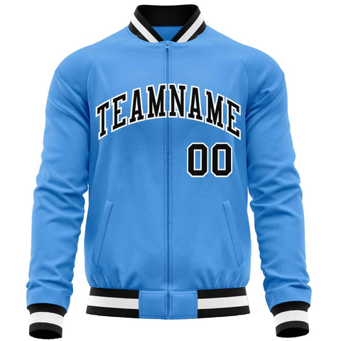 Custom Powder Blue Black Varsity Full-Zip Classic Style Letterman Baseball Jacket