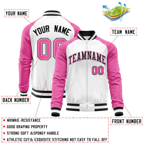 Custom White Pink-Black Varsity Full-Zip Raglan Sleeves Letterman Baseball Jacket