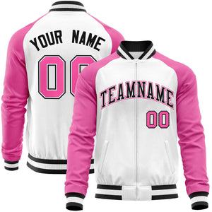 Custom White Pink-Black Varsity Full-Zip Raglan Sleeves Letterman Baseball Jacket