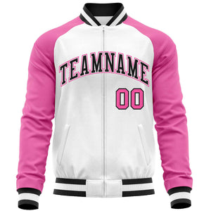 Custom White Pink-Black Varsity Full-Zip Raglan Sleeves Letterman Baseball Jacket