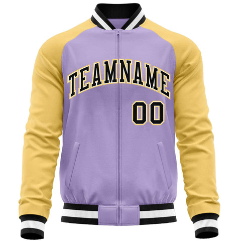 Custom Light Purple Yellow Varsity Full-Zip Raglan Sleeves Letterman Baseball Jacket