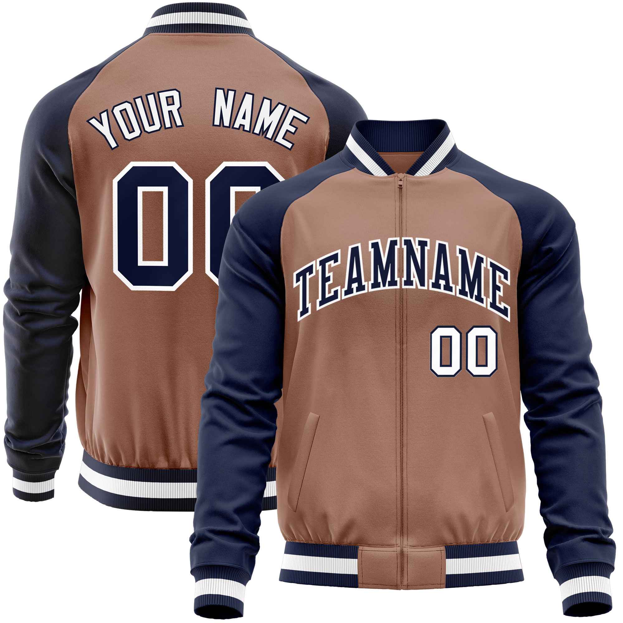 Custom Brown Navy Varsity Full-Zip Raglan Sleeves Letterman Baseball Jacket