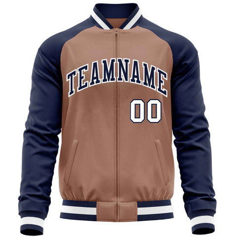 Custom Brown Navy Varsity Full-Zip Raglan Sleeves Letterman Baseball Jacket