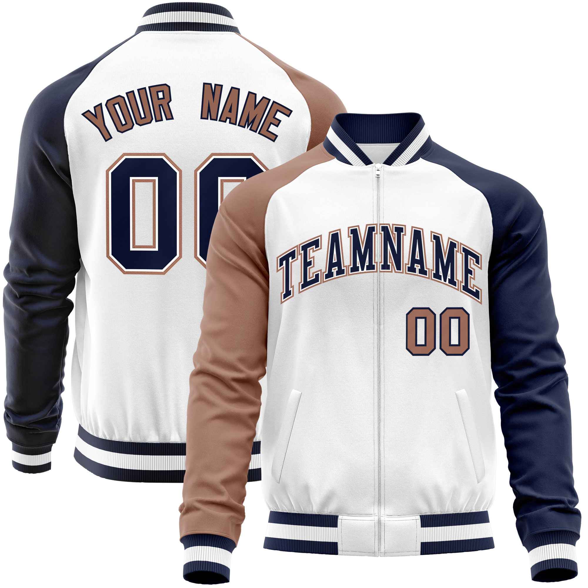 Custom White Navy-Brown Varsity Full-Zip Raglan Sleeves Letterman Baseball Jacket