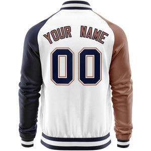 Custom White Navy-Brown Varsity Full-Zip Raglan Sleeves Letterman Baseball Jacket