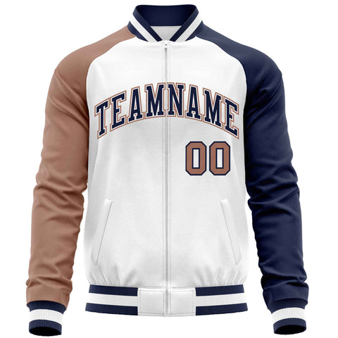 Custom White Navy-Brown Varsity Full-Zip Raglan Sleeves Letterman Baseball Jacket