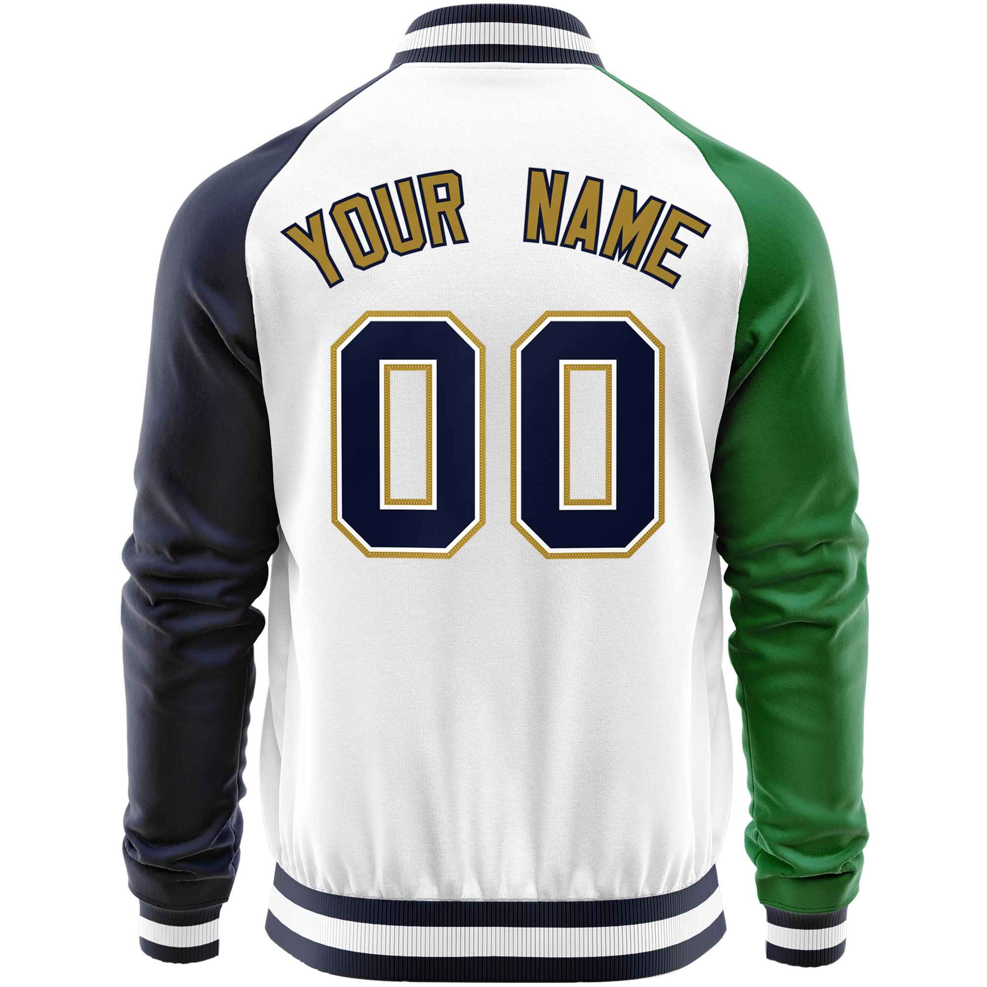 Custom White Navy-Kelly Green Varsity Full-Zip Raglan Sleeves Letterman Baseball Jacket