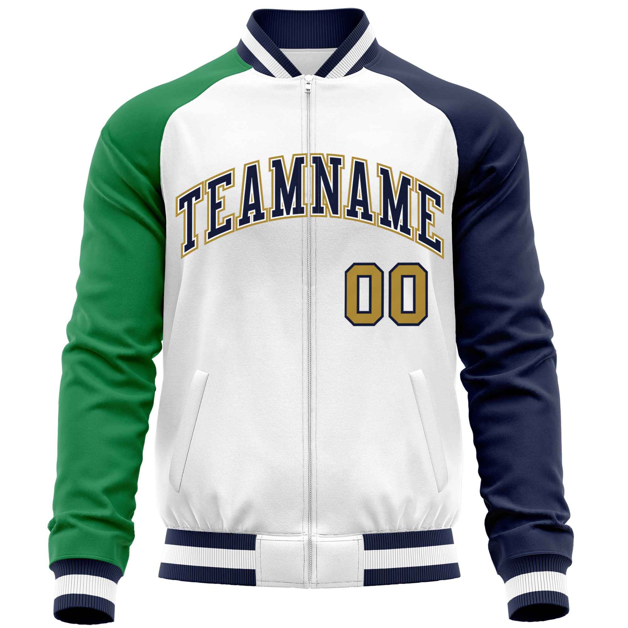 Custom White Navy-Kelly Green Varsity Full-Zip Raglan Sleeves Letterman Baseball Jacket