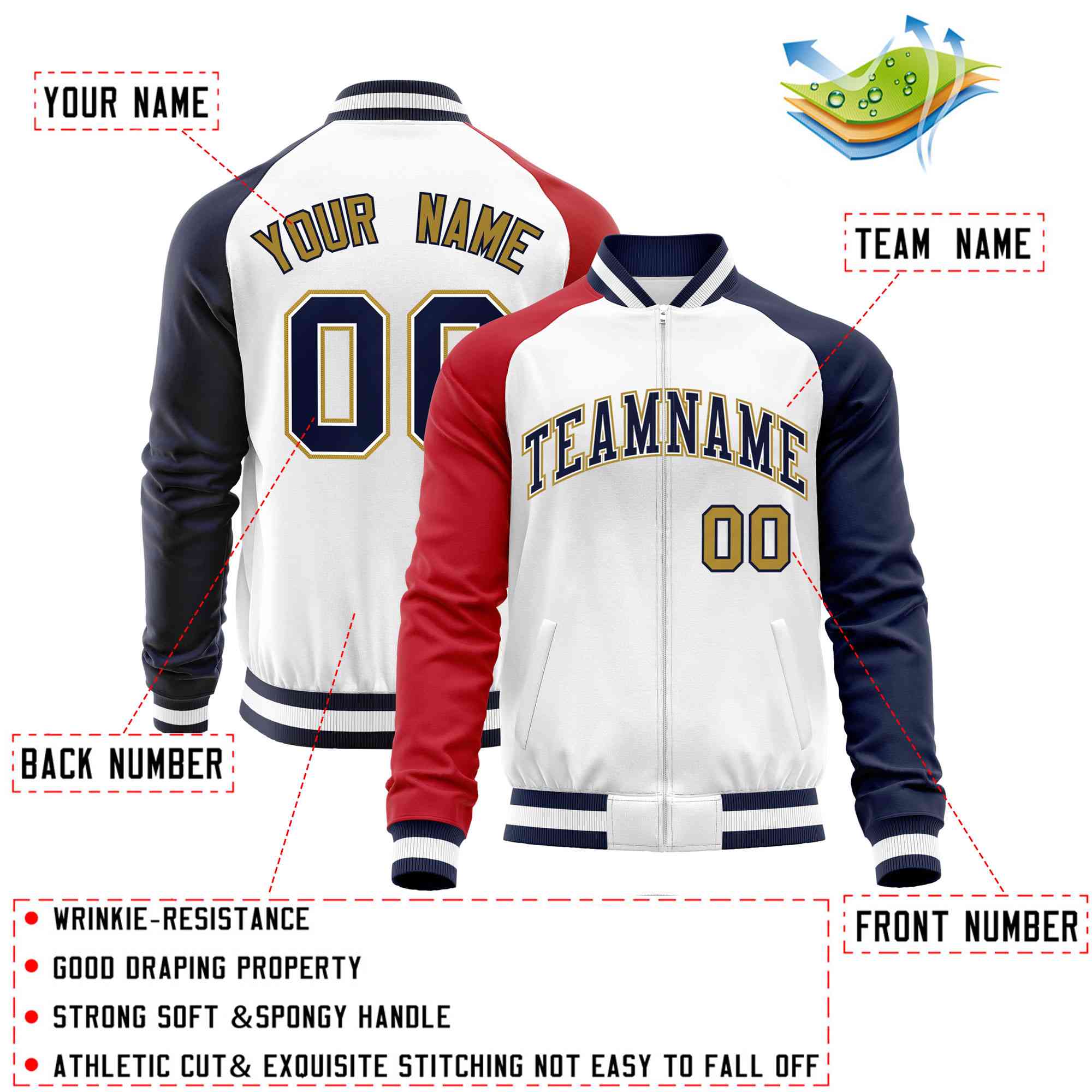 Custom White Navy-Red Varsity Full-Zip Raglan Sleeves Letterman Baseball Jacket